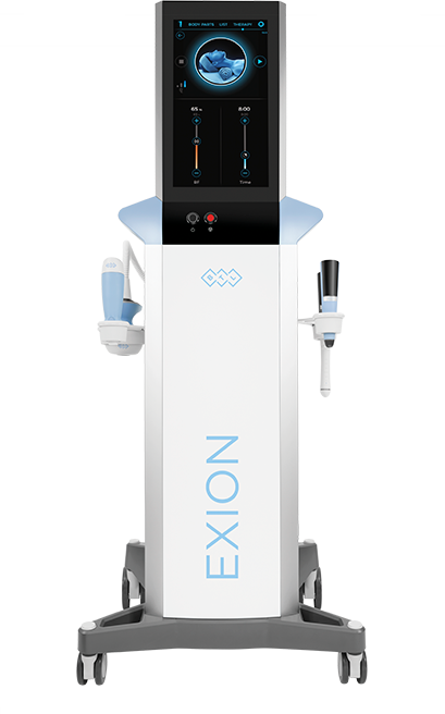 The EXION multi-platform treatment console with face, body, and RF microneedling applicators
